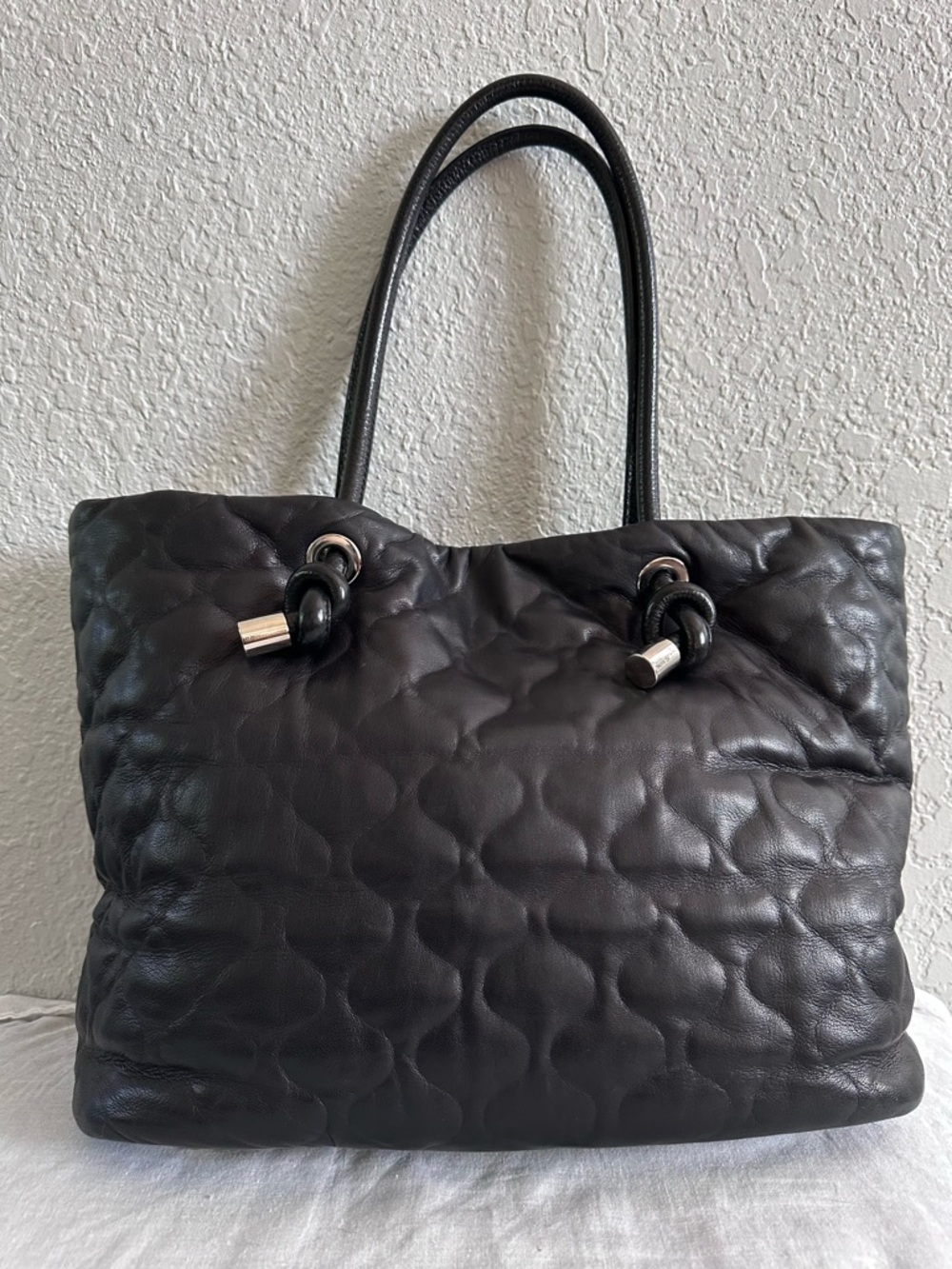 Lisa Conte Italy Black Leather Slouch Tote Bag Quilted Puffer Knot Handle Large